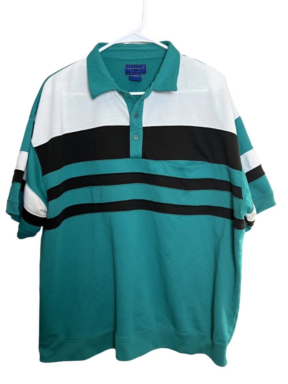 Towncraft Vintage Striped Polo Shirt Teal 90s Oversized